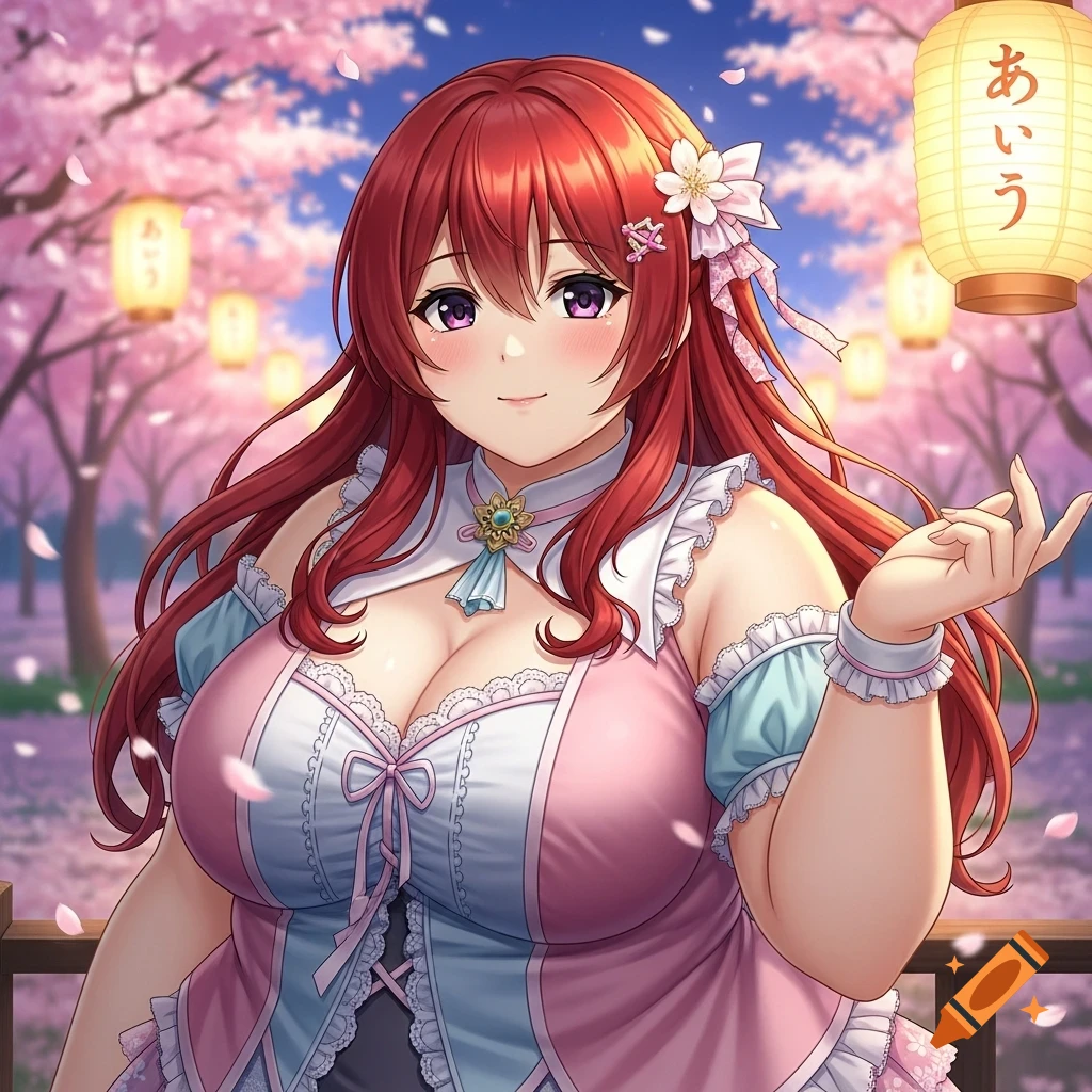 An anime girl with red hair and purple eyes, wearing a pink and white dress, stands under cherry blossoms with lanterns.