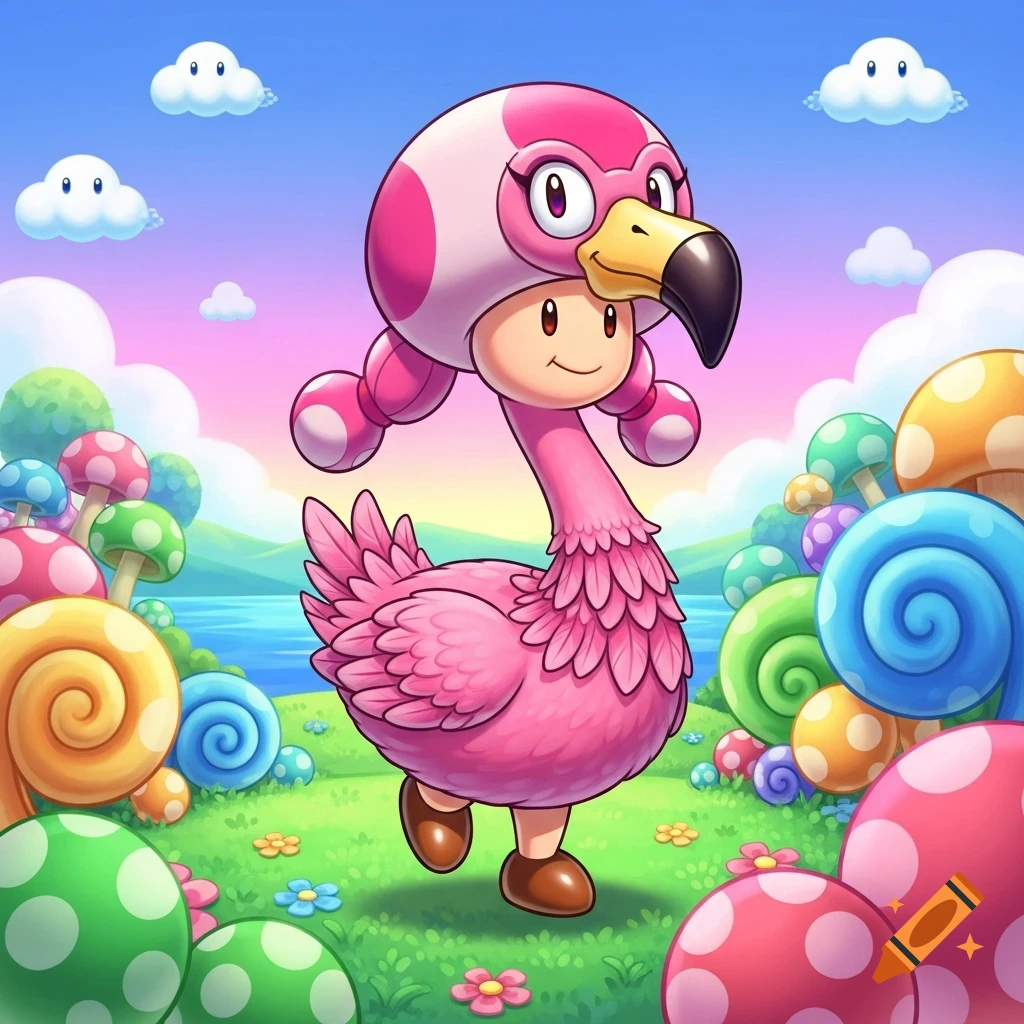 Toadette dressed as a pink flamingo, standing in a vibrant, mushroom-filled landscape under a blue sky in a cartoon style.