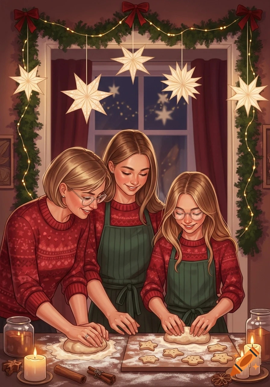 A mother and two daughters in red sweaters and green aprons bake star-shaped cookies in a warm, Christmas-decorated kitchen.