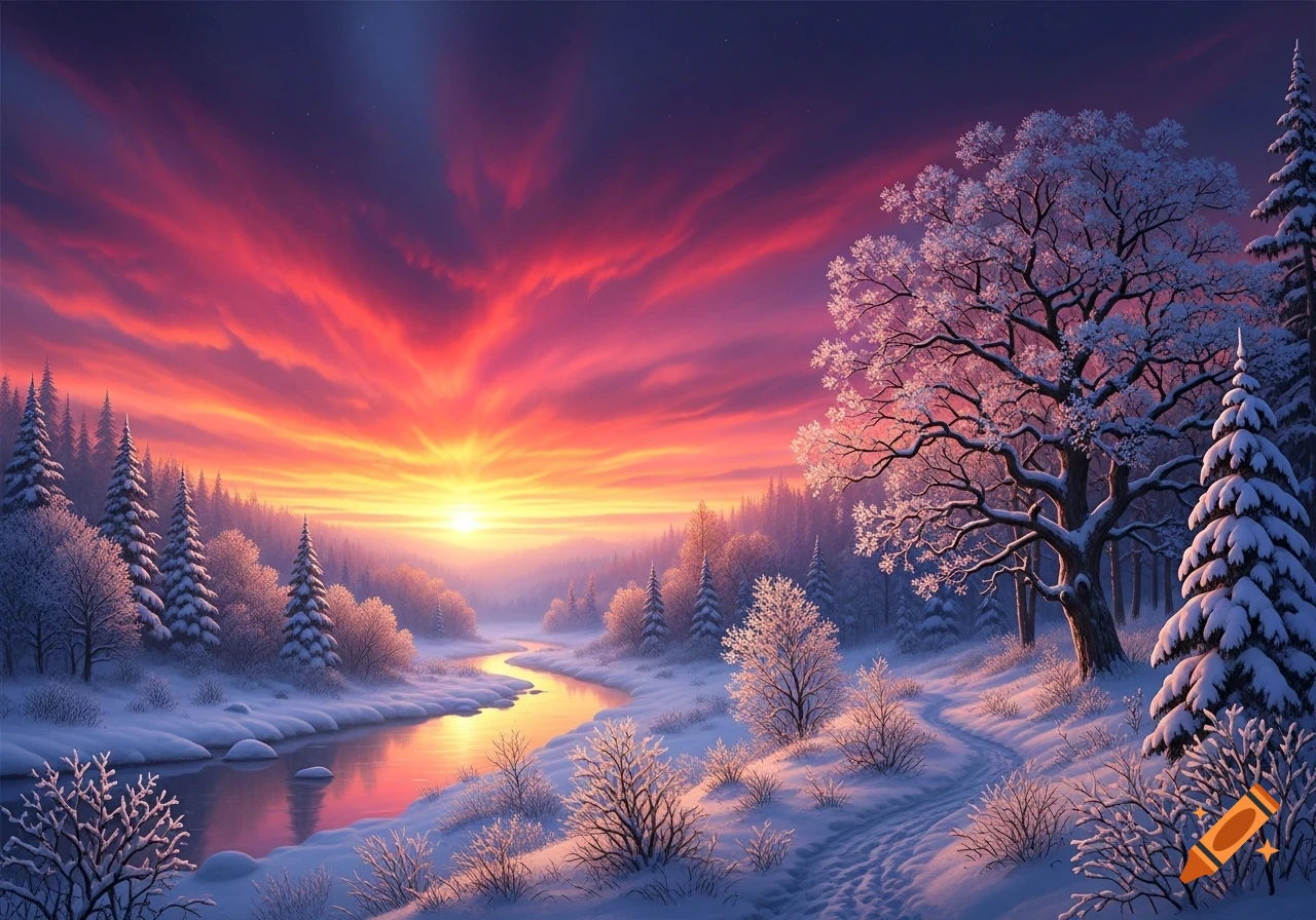 A vibrant winter landscape with snow-covered trees and a winding river reflecting a dramatic red and orange sunrise sky.