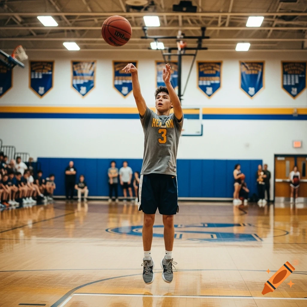 A young man in a grey jersey and blue shorts jumps to shoot a basketball on an indoor court.