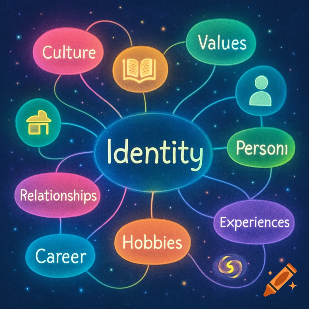 Colorful mind map showing 'Identity' at the center, connected to concepts like Culture, Values, Personi, Experiences, Hobbies, Career, and Relationships on a starry background.