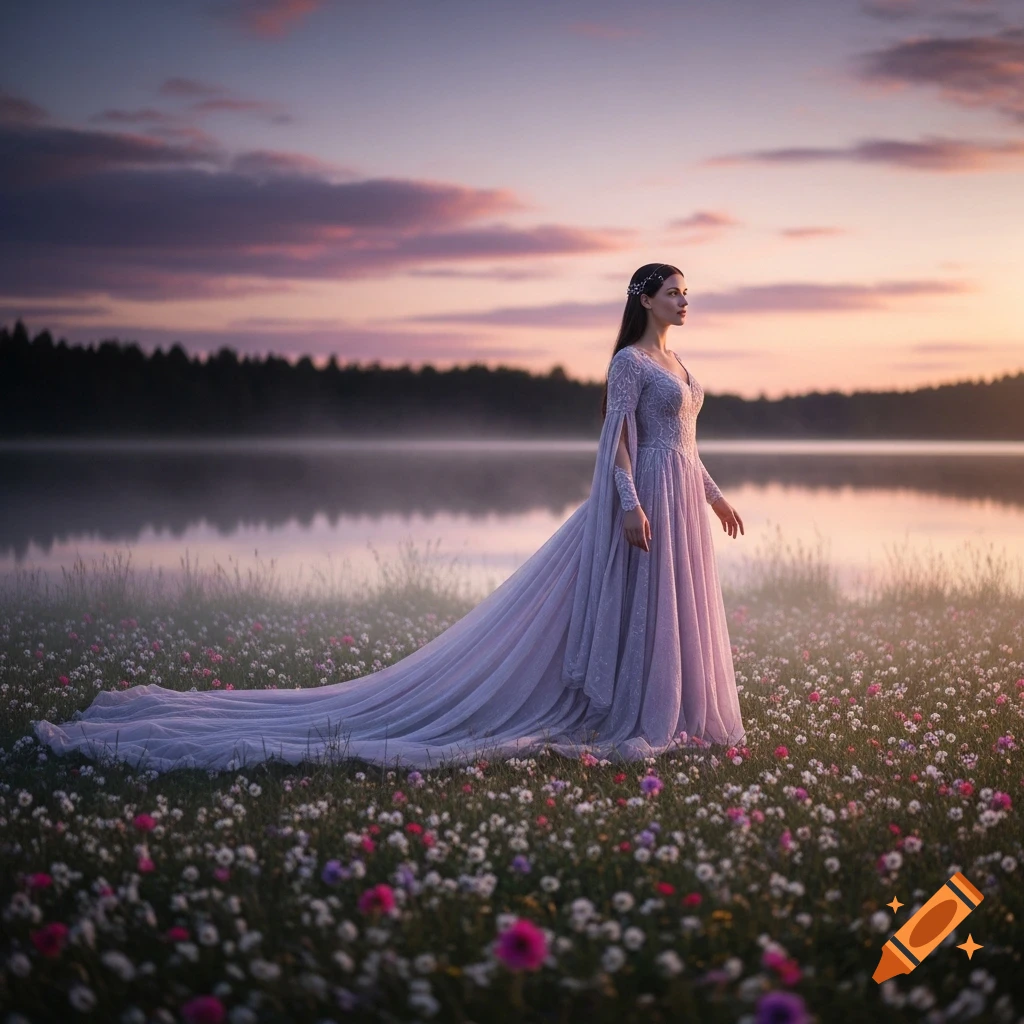 A woman in a long, flowing dress stands in a field of wildflowers by a ...