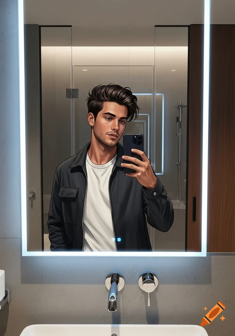 An anime-style portrait of a young man with dark hair taking a mirror selfie in a modern bathroom.