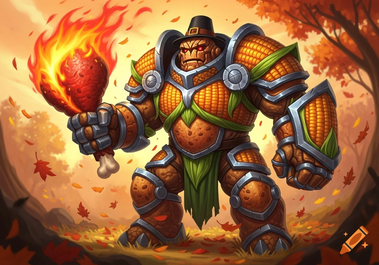 An armored golem made of turkey stuffing and corn, wearing a pilgrim's hat and holding a giant flaming turkey leg in an autumn setting.
