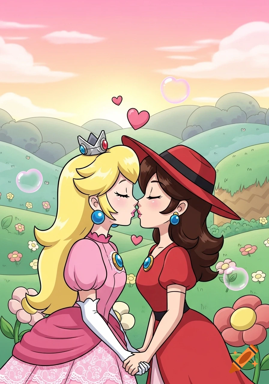 Princess Peach and Pauline kiss and hold hands in a cartoon style amidst flowery green hills under a sunset sky.