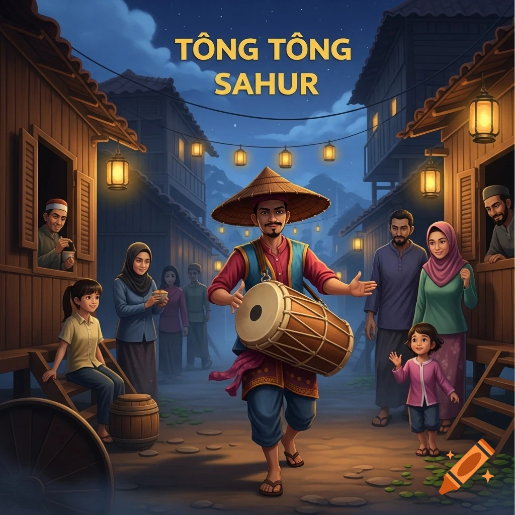 Illustration of a man in a conical hat playing a drum in a village street at night, with 'TÔNG TÔNG SAHUR' text, surrounded by people.