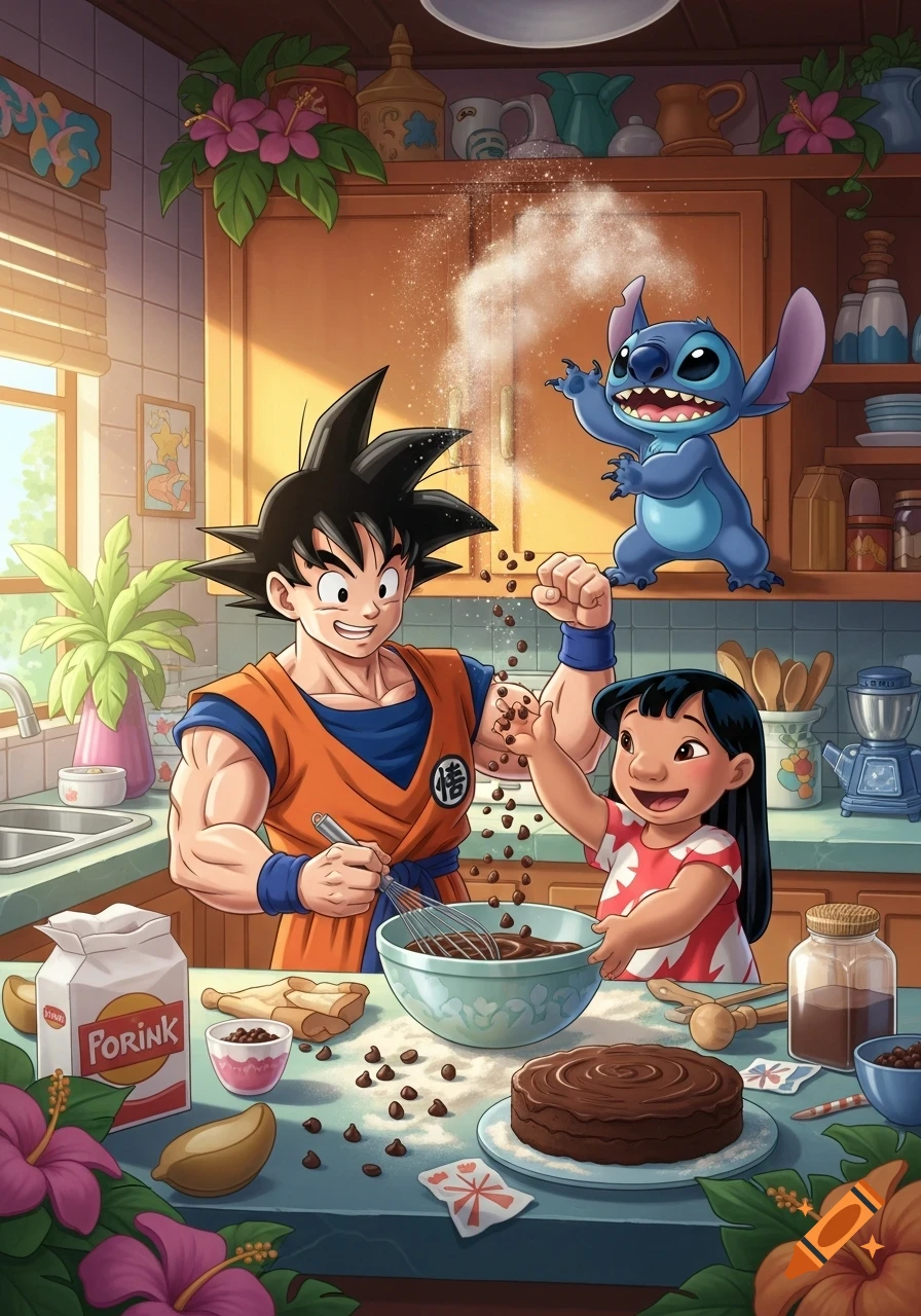 Goku, Lilo, and Stitch happily bake a chocolate cake in a bright kitchen, surrounded by ingredients and flour dust. Cartoon style.