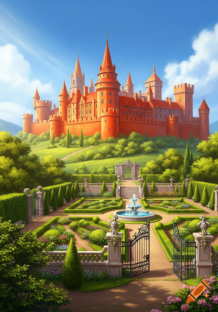 A vibrant, illustrative orange castle on a green hill overlooks a manicured garden with a fountain under a blue sky.