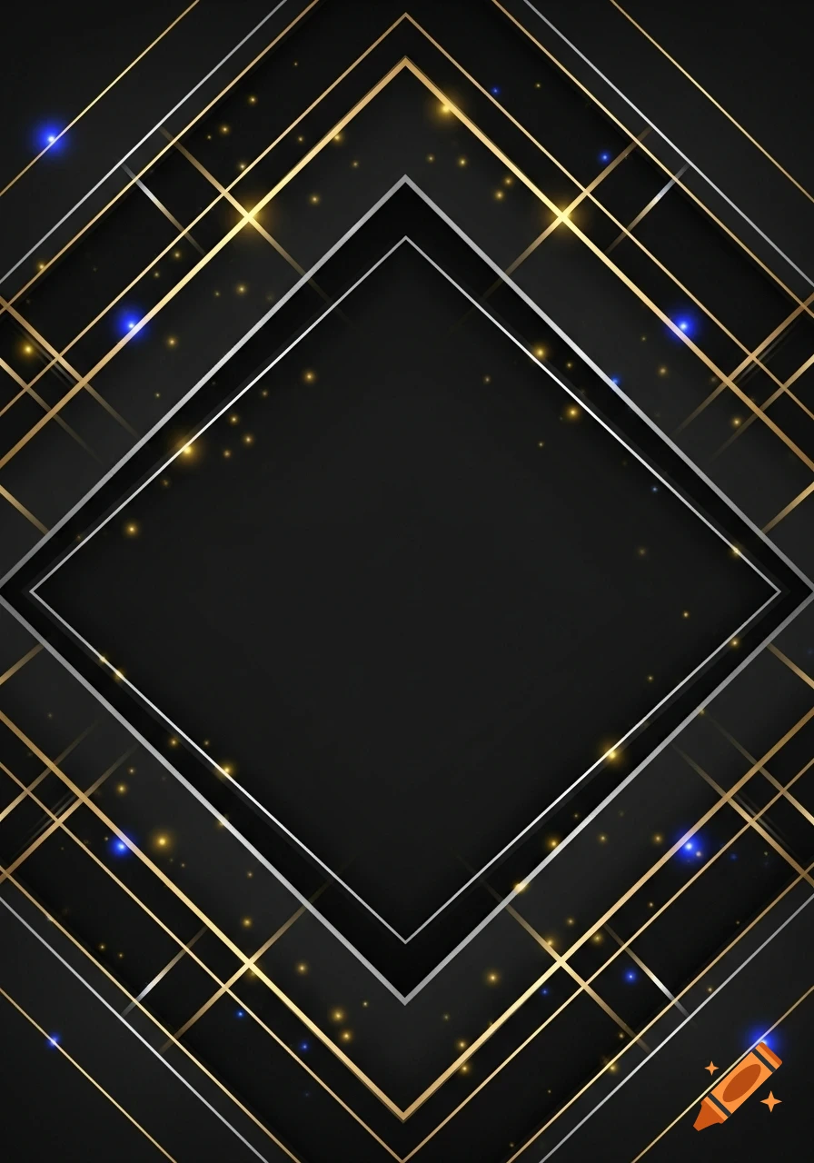 A dark background with intersecting gold and silver lines forming geometric patterns, accented with sparkling lights and blue accents.