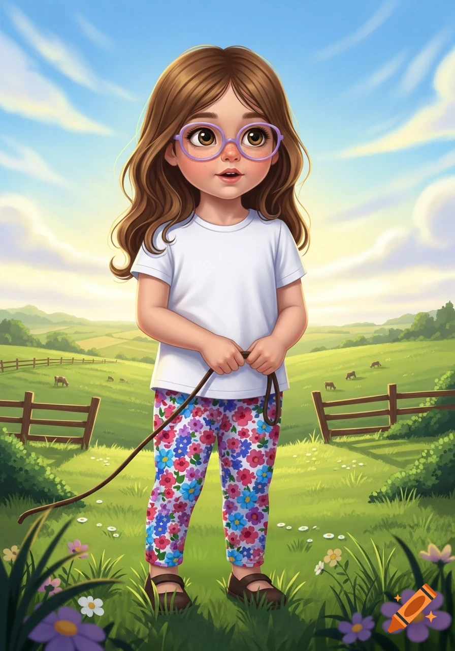 Cartoon illustration of a young girl with brown hair and purple glasses, wearing a white shirt and floral pants, holding a rope in a sunny green field with distant cows.