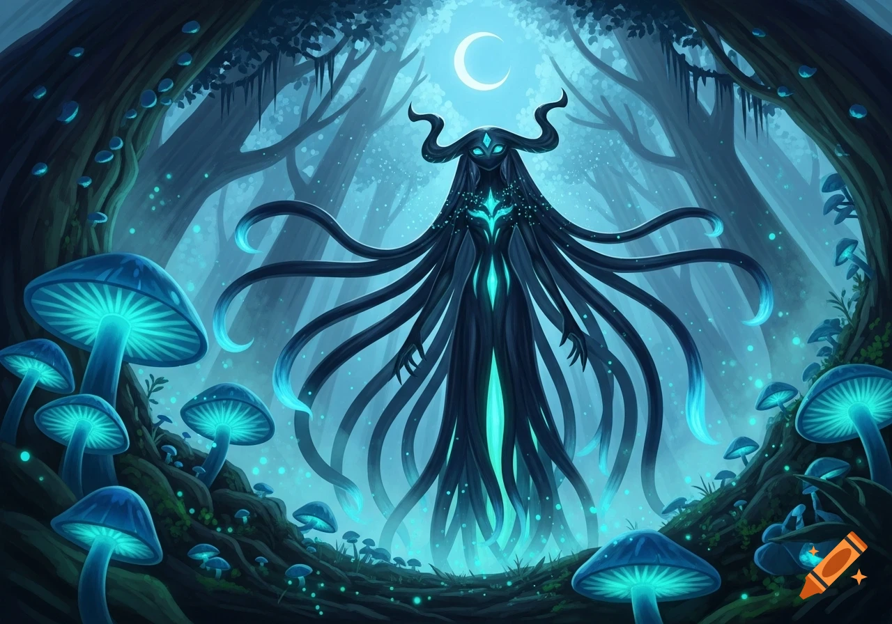 A dark, ethereal creature with glowing blue eyes and flowing strands in a mystical forest with glowing mushrooms under a crescent moon.