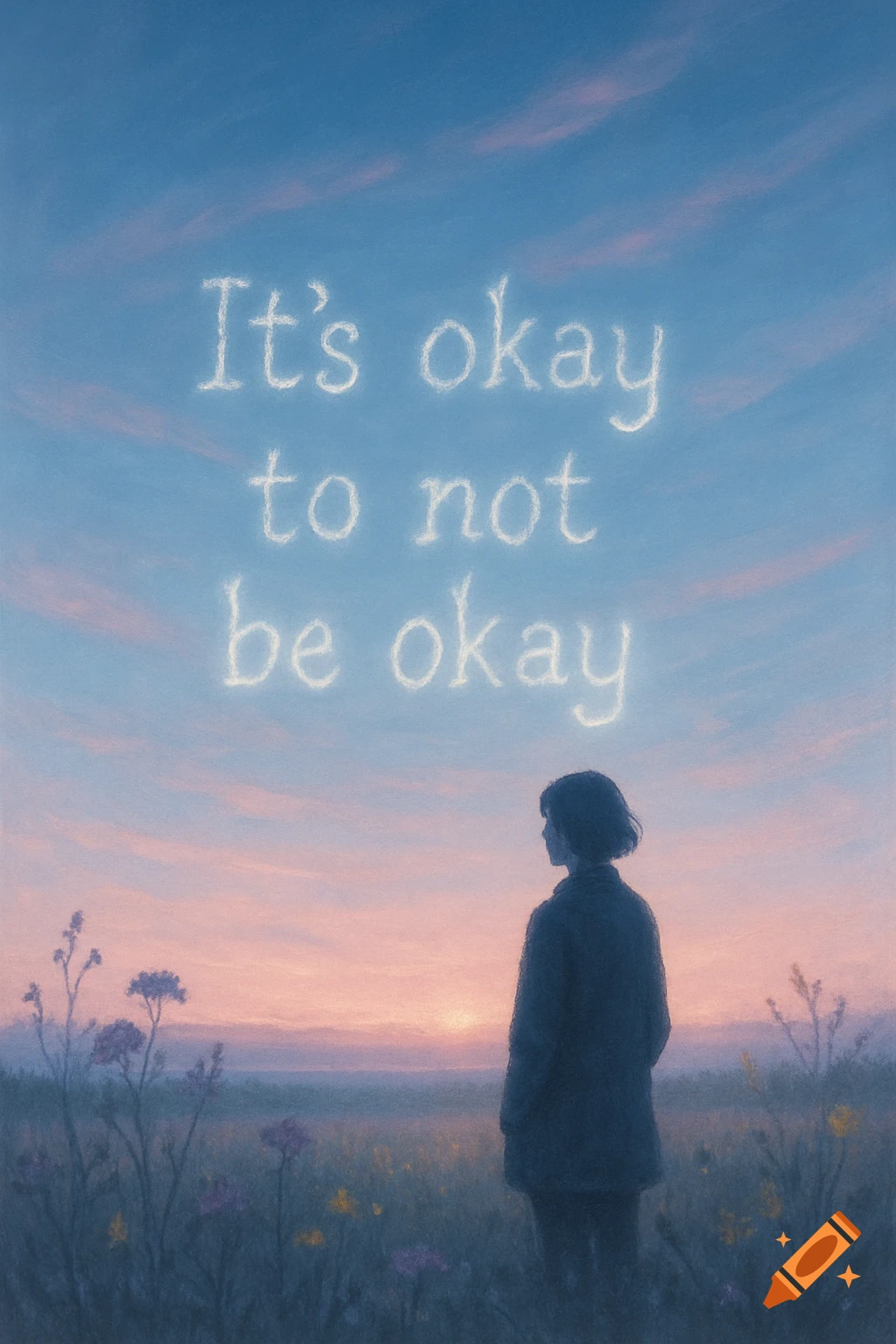 A person stands in a field at sunset, looking at the horizon, with "It's okay to not be okay" written in cloud-like text in the sky.