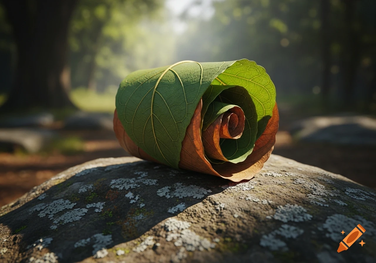 A photorealistic close-up of a large green and brown leaf rolled into a spiral shape, resting on a mossy rock in a sun-dappled forest.