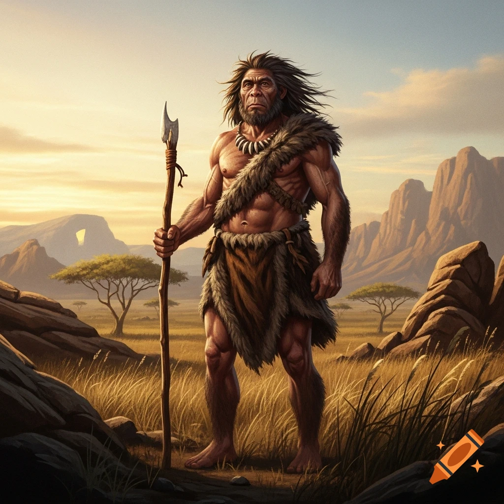 A muscular primitive man in fur clothing holds a spear in a savanna landscape at sunset.