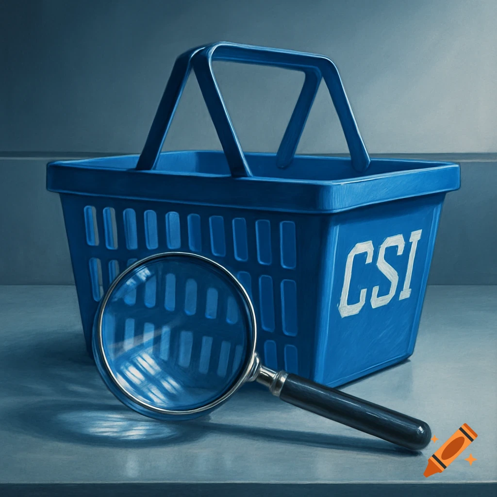 A blue shopping basket with 'CSI' written on its side, with a magnifying glass in front, on a grey surface.
