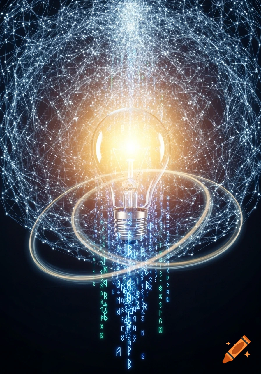 A glowing light bulb surrounded by a network of white lines and streams of blue and green digital characters on a dark background.