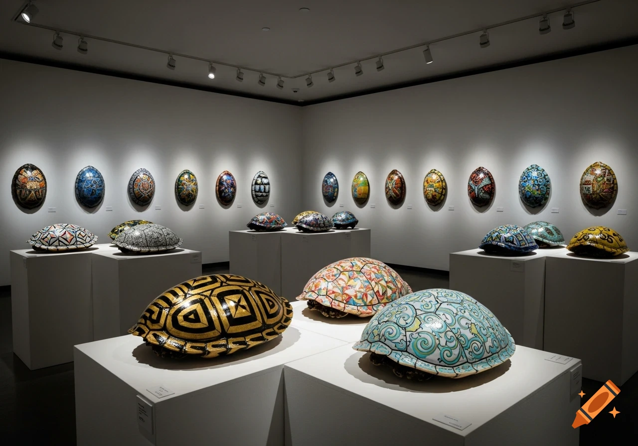 Decorated turtle shells displayed as art pieces in a bright gallery with spotlights.