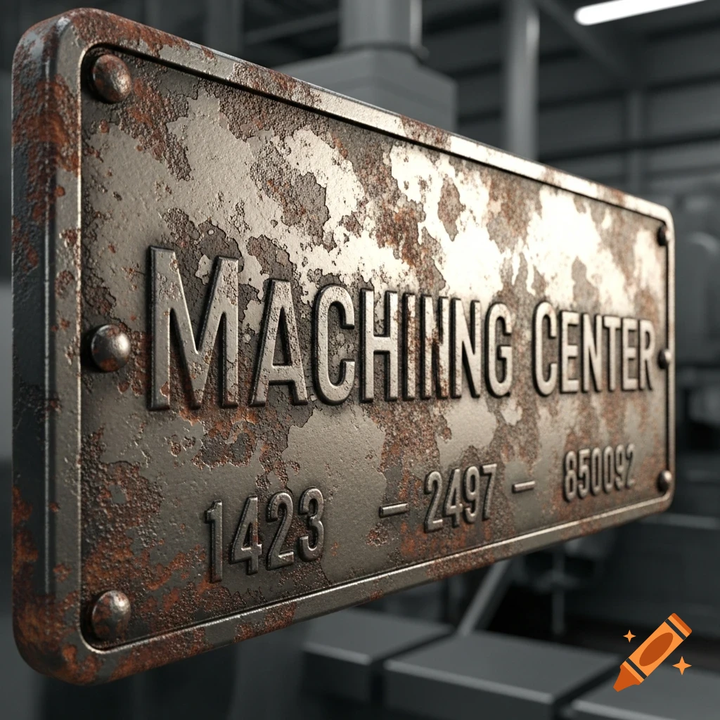 Close-up of a rusty metal sign reading 'MACHINING CENTER' with numbers, set against a blurred industrial background.