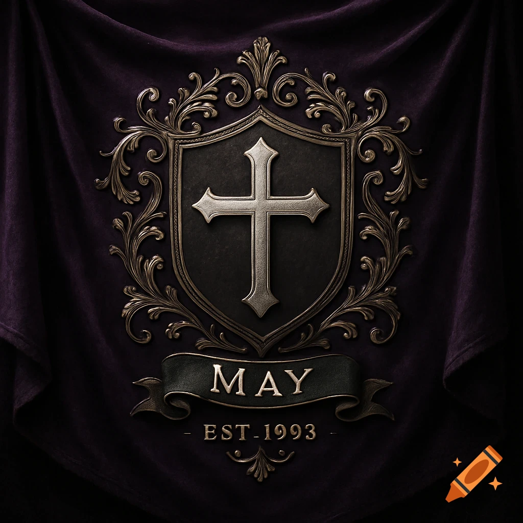 A dark purple velvet banner with a detailed, metallic coat of arms featuring a prominent cross and the text 'MAY EST-1993' below.