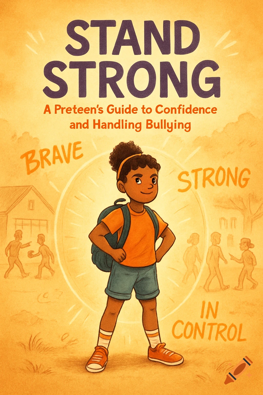 Cartoon book cover for 'Stand Strong' showing a confident preteen with a backpack, surrounded by words and faint bullying scenes.