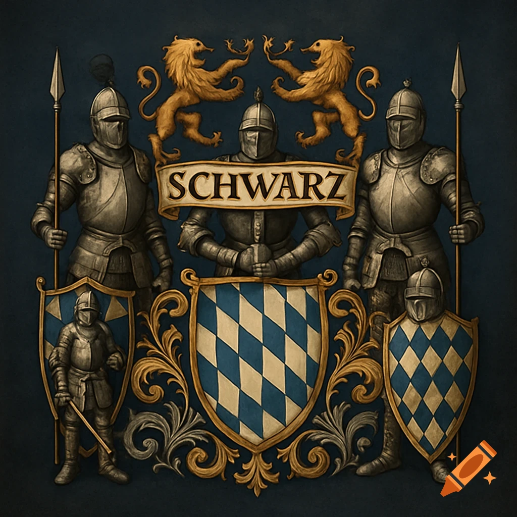 Detailed family crest with armored knights, golden lions, blue and white checkered shield, and 'SCHWARZ' on a banner.