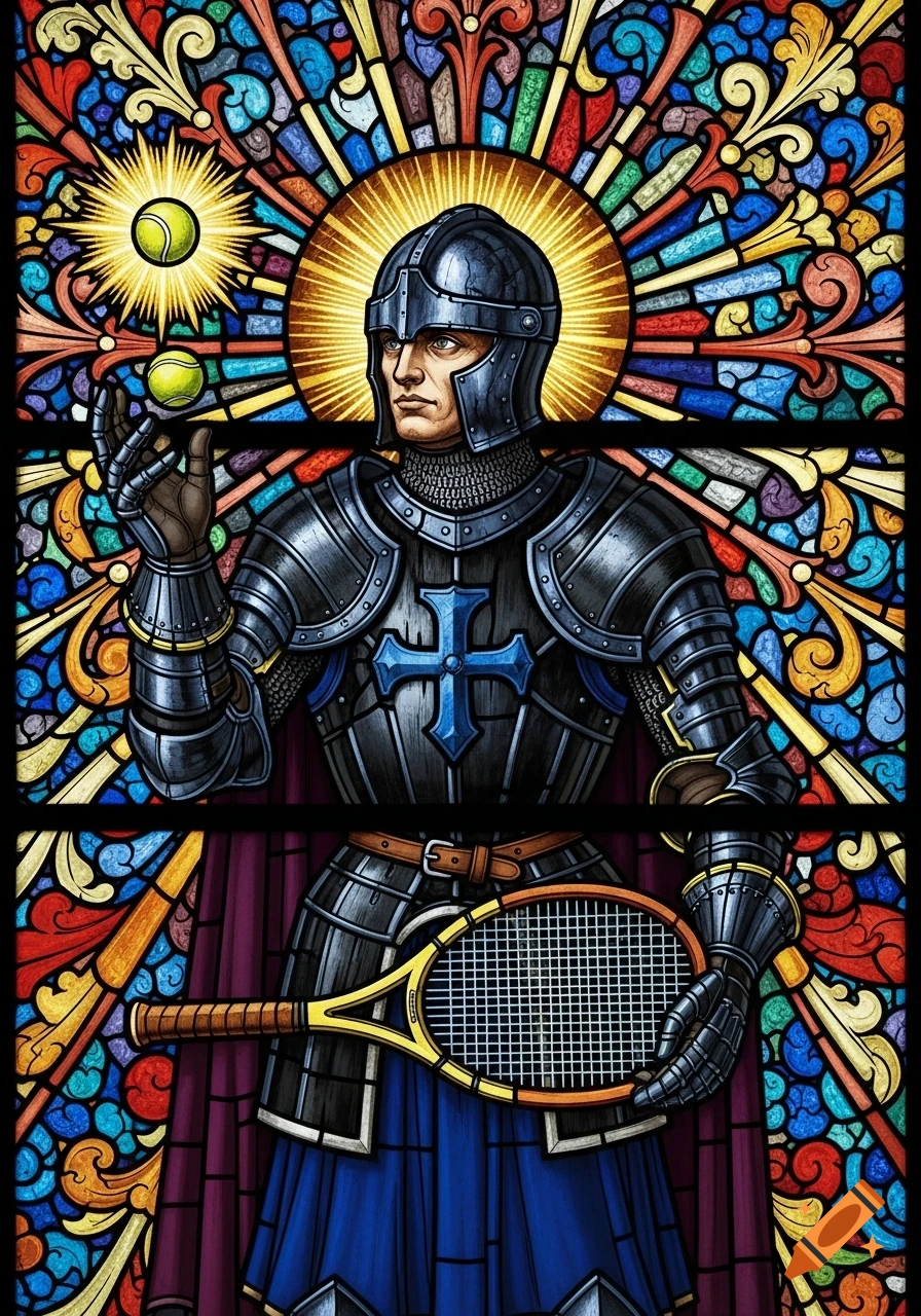 A stained glass artwork depicts a knight in armor holding a tennis racket and a tennis ball with a halo.