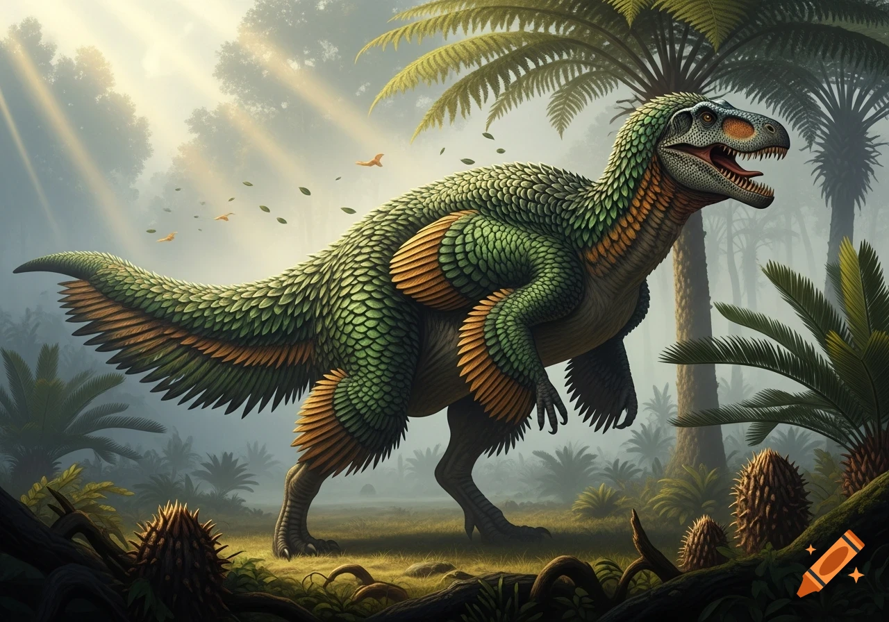 A majestic green and orange feathered dinosaur with an open mouth stands in a misty prehistoric jungle with sun rays.