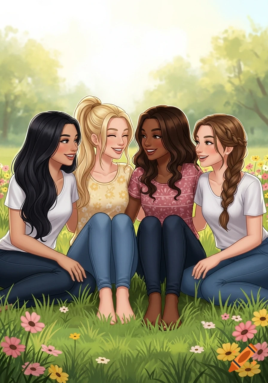 Four diverse cartoon-style women sit in a grassy field with flowers, smiling and talking.