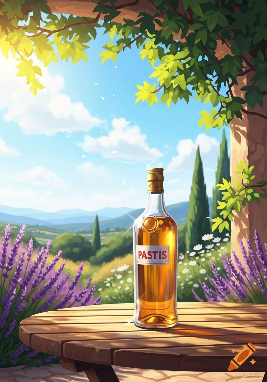 Vibrant illustration of a Pastis bottle on a wooden table, set against a sunny lavender field and mountain landscape.