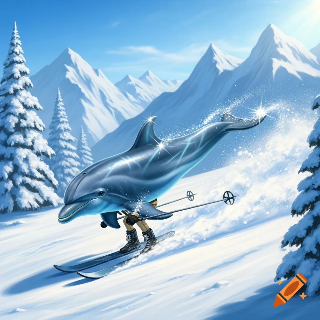 A stylized blue dolphin with human legs in ski boots and holding poles, skis down a snowy mountain slope amidst evergreen trees.
