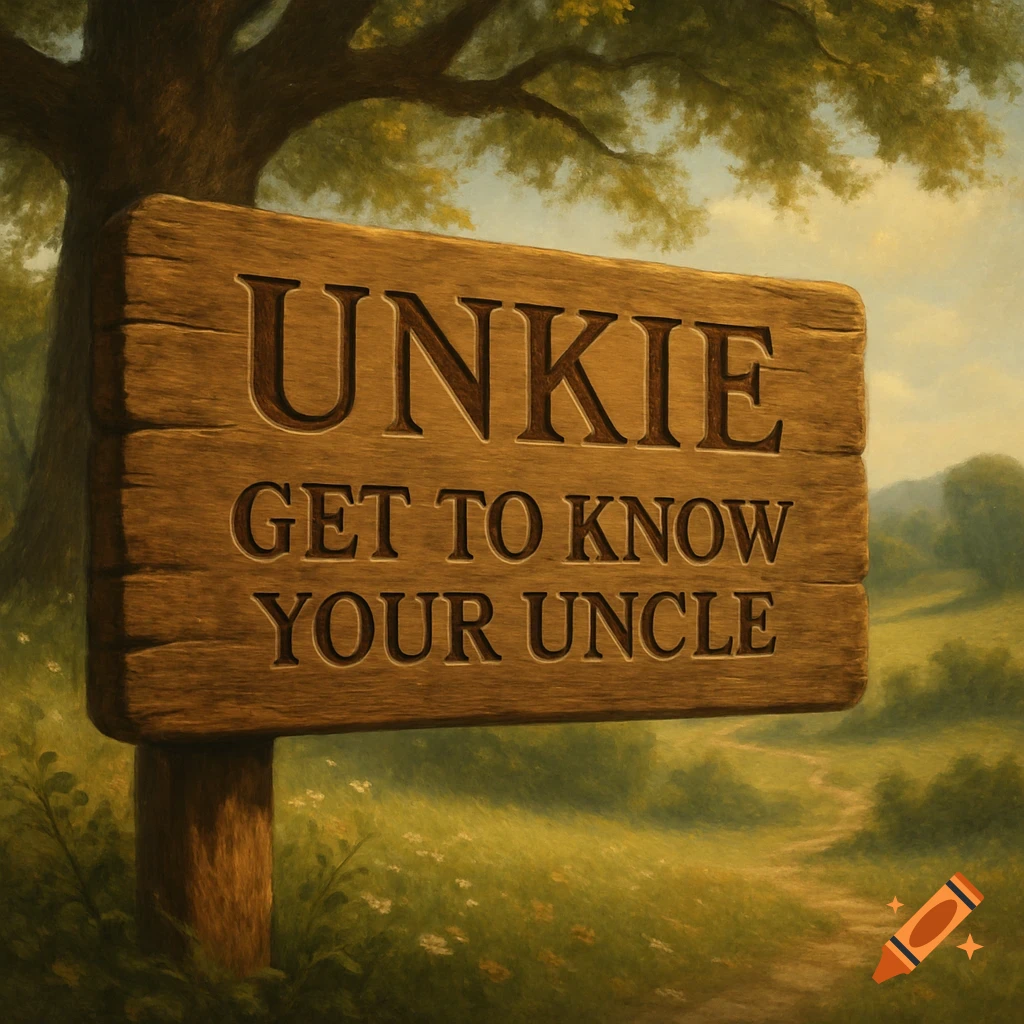 A wooden sign reading "UNKIE GET TO KNOW YOUR UNCLE" in a painterly green landscape with a tree and path.