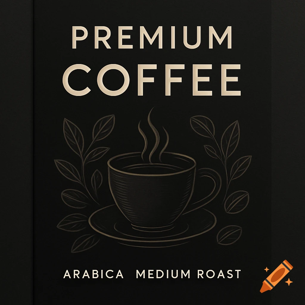 Minimalist black coffee label with 'PREMIUM COFFEE' text, a steaming cup, leaves, and 'ARABICA MEDIUM ROAST'.