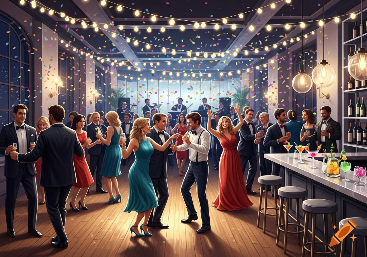 A festive party in a grand hall with people dancing and mingling under string lights and falling confetti, with a bar in the foreground.