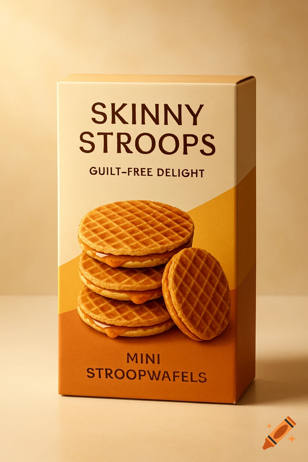 A rectangular box of 'SKINNY STROOPS' mini stroopwafels with a stack of stroopwafels on the front, photorealistic.