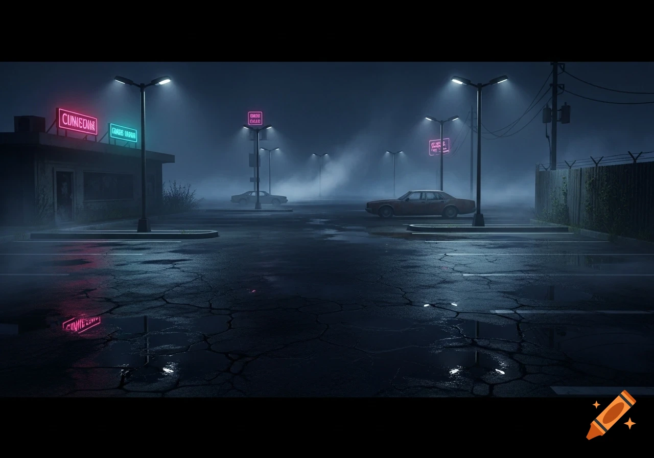 A dark, foggy parking lot at night with glowing neon signs, streetlights, and old cars, evoking an eerie urban atmosphere.