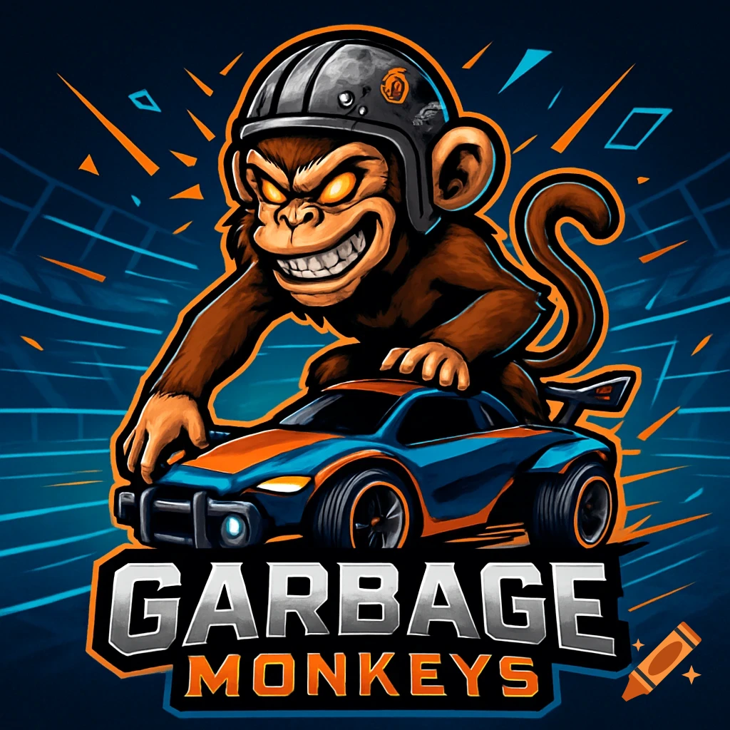 A stylized esports logo featuring an angry monkey in a helmet riding on a blue and orange sports car, with "GARBAGE MONKEYS" text below.