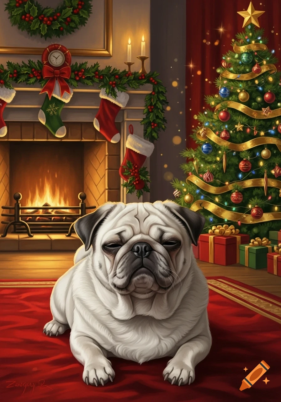 A white pug lies on a red rug in front of a Christmas-decorated fireplace with a lit tree beside it.