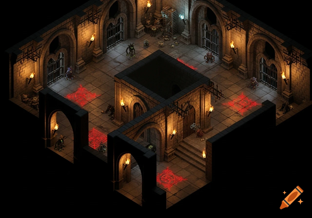Isometric dungeon scene with stone walls, torches, small monsters, and glowing red magic symbols on the floor.