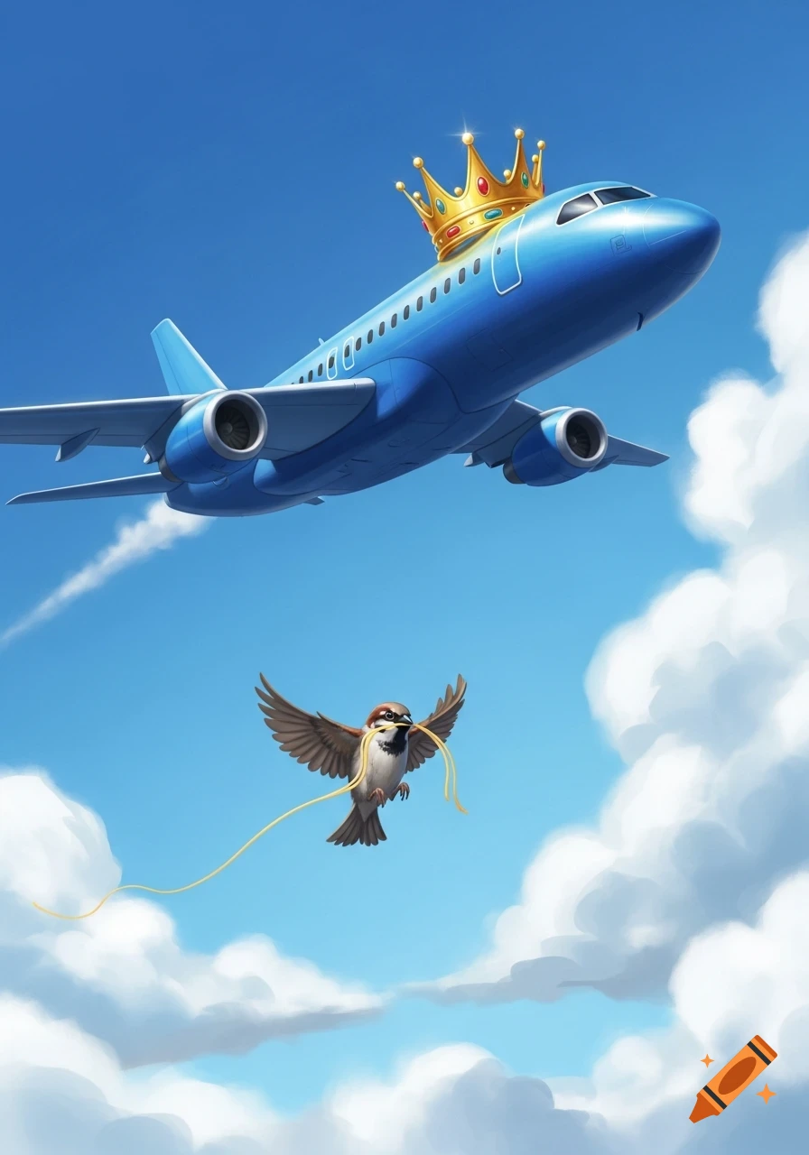 A blue cartoon airplane wearing a golden crown flies in the blue sky, followed by a sparrow carrying a long noodle.