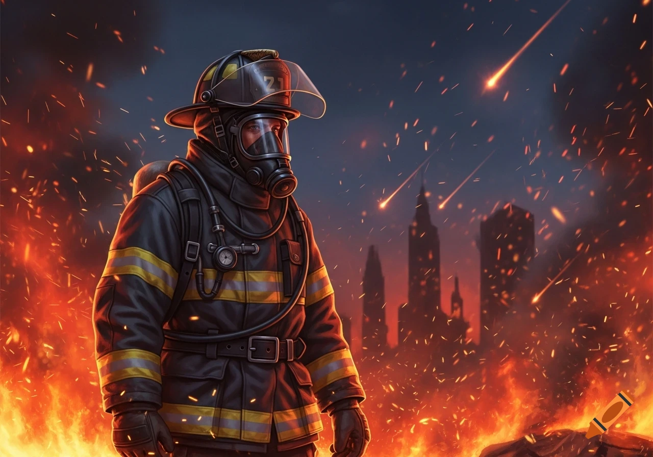 A firefighter in full gear stands amidst a burning city with meteors falling, in a dramatic digital art style.
