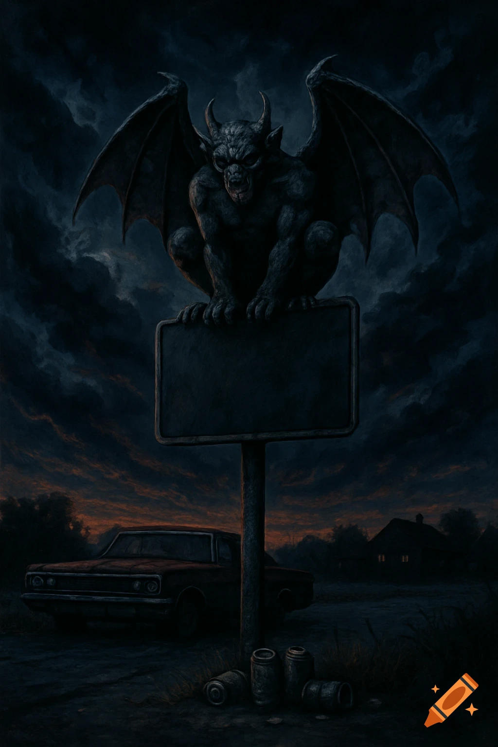 A dark, ominous painting of a crouching gargoyle on a blank highway sign, with an old Plymouth Fury car and a house under a stormy sky.