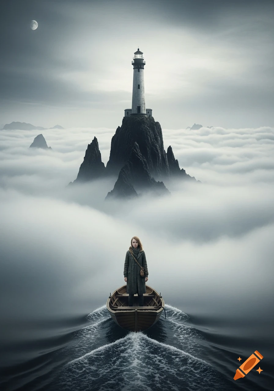 A lone girl stands in a rowboat on a sea of clouds, approaching a lighthouse atop a jagged rock formation, under a moonlit, misty sky.