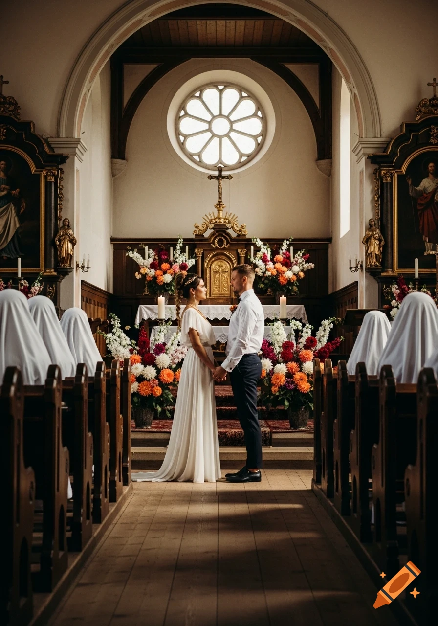 A bride and groom hold hands and gaze at each other in a dimly lit church with an altar decorated with colorful dahlias and veiled figures in the pews.