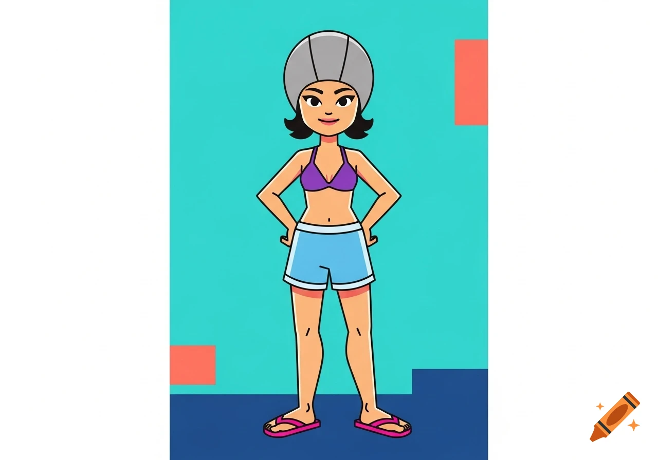 A cartoon girl with dark hair in a grey swim cap, purple bikini top, light blue shorts, and pink flip-flops stands against a teal background.