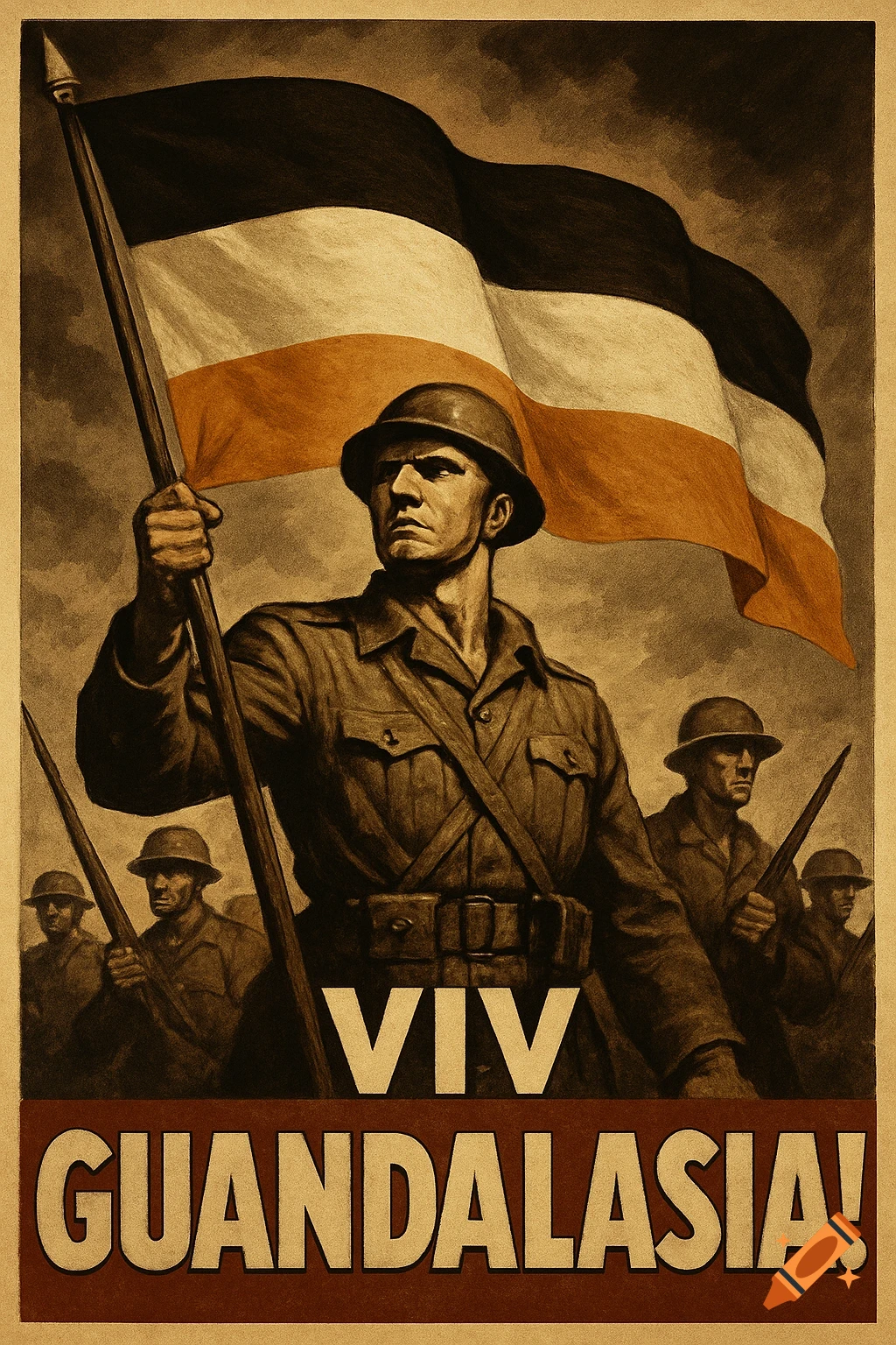WWII-style propaganda poster of a soldier holding a flag, with other soldiers behind him. Text reads 'VIV GUANDALASIA!'