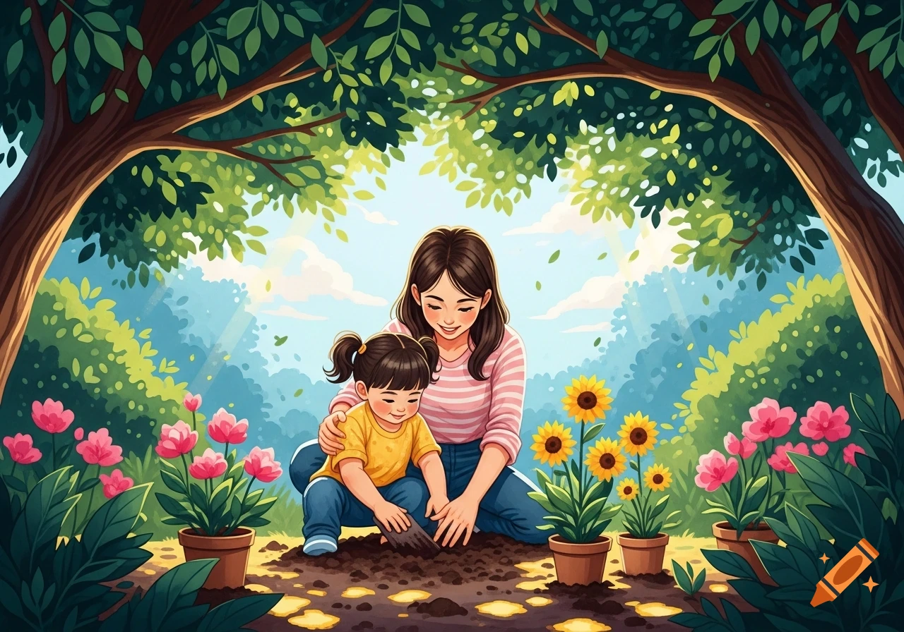 Vibrant cartoon illustration of a mother and child smiling and gardening under a leafy tree with colorful potted flowers.