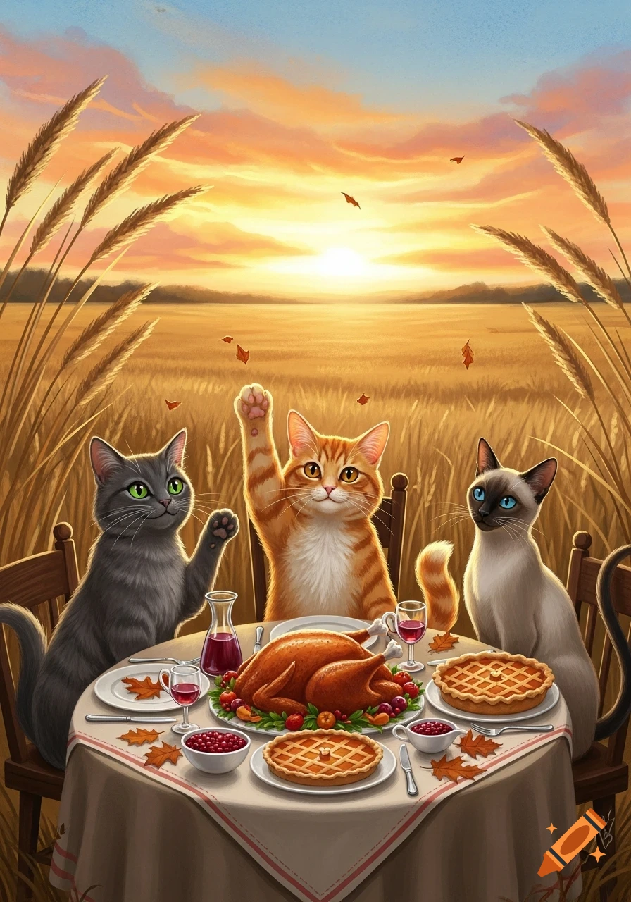 Three anthropomorphic cats sit at a table laden with Thanksgiving dinner in a golden prairie at sunset. One cat raises a paw.