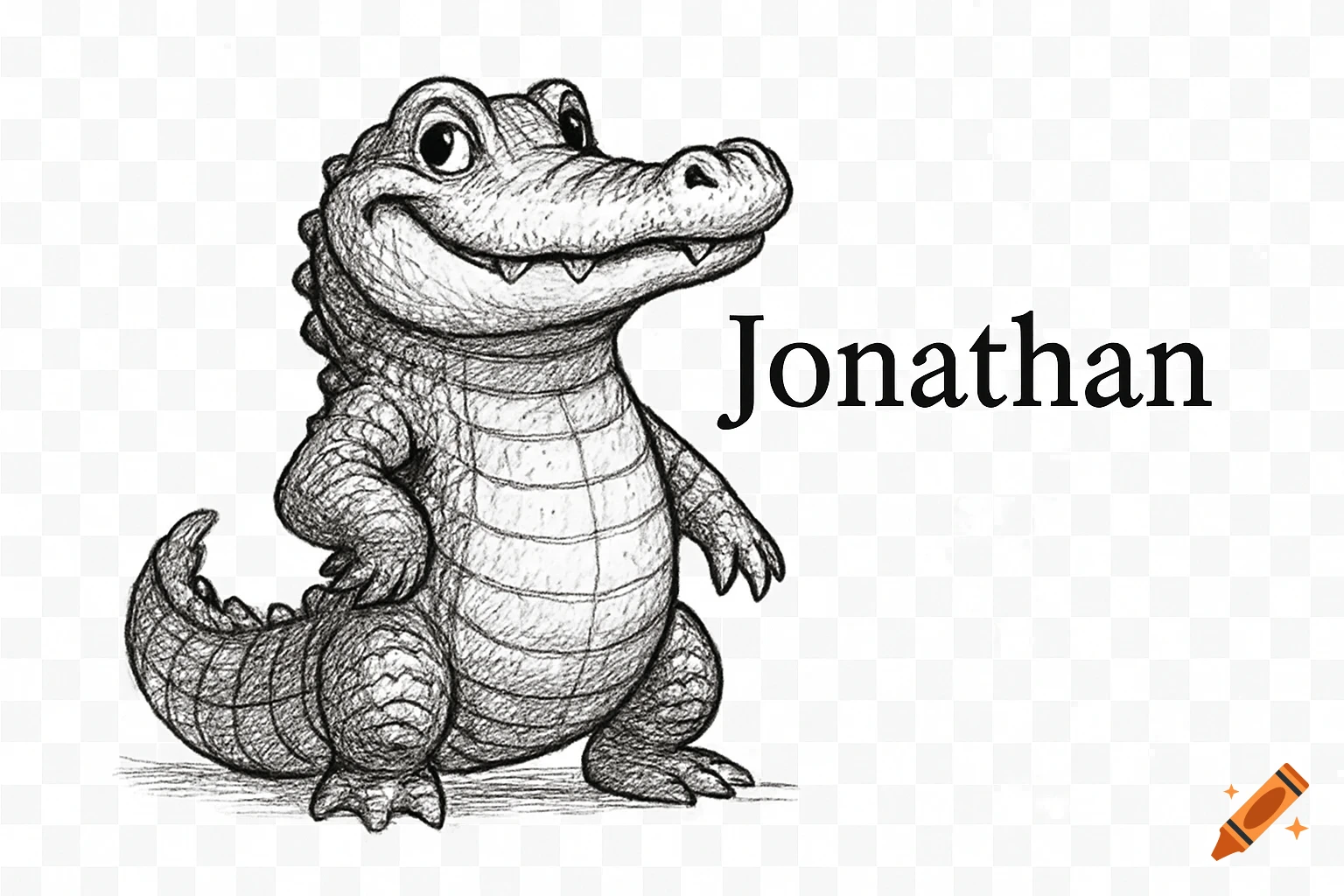 A black and white sketch of a friendly cartoon alligator smiling, with the name 'Jonathan' next to it.