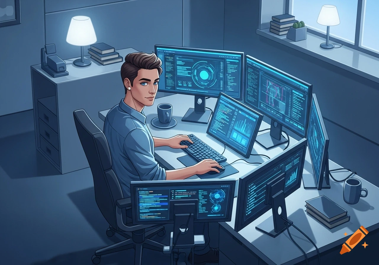 Anime-style illustration of a man with brown hair working on multiple computer monitors in a blue-toned office.